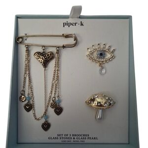 Piper Gold - NEW Blue Brooch Trio Evil Eye Mushroom Heart Brooch Glass Stones